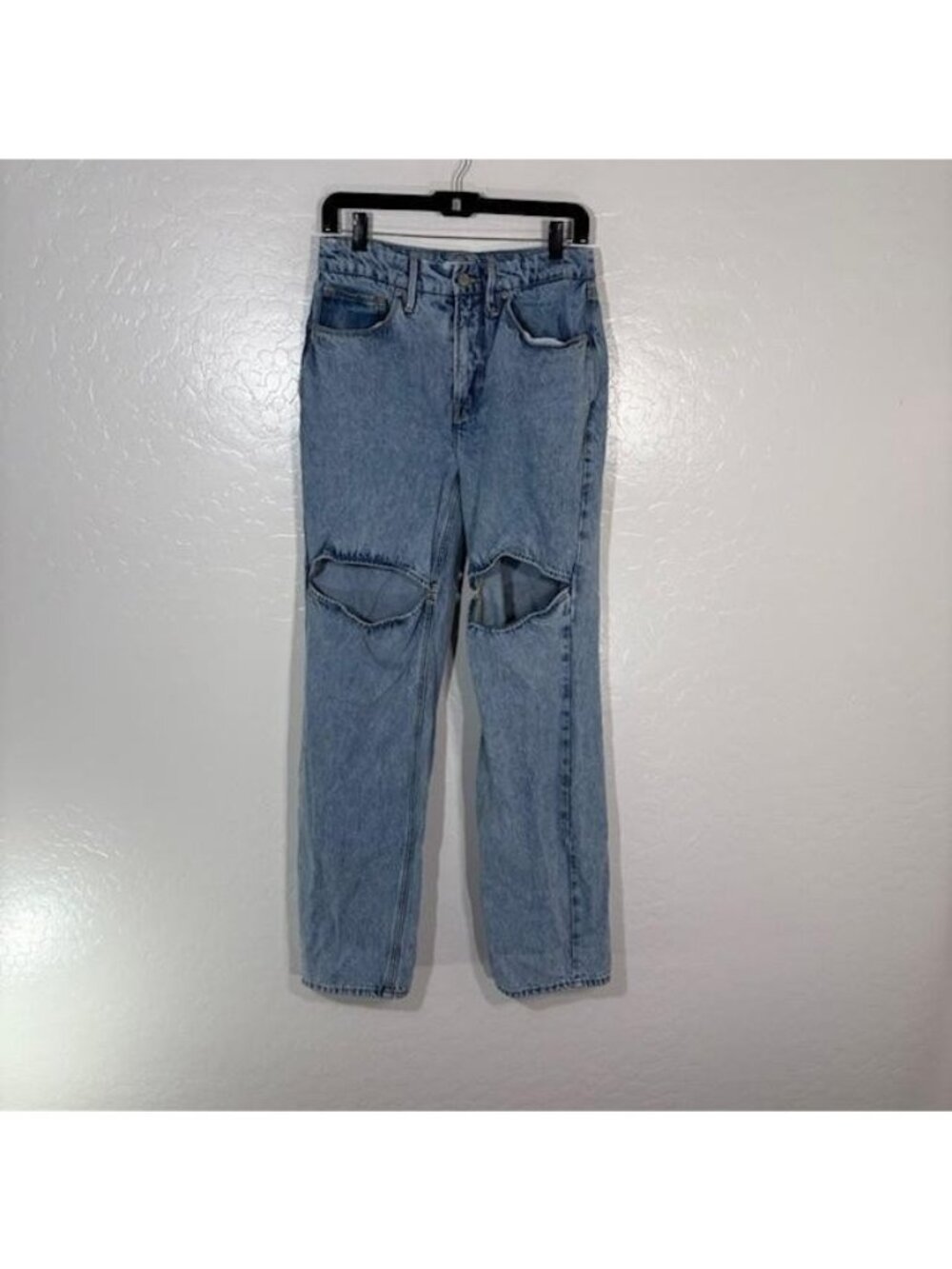 Good American Jeans Womens 4 27 Light Wash High Rise Distressed Knee Denim